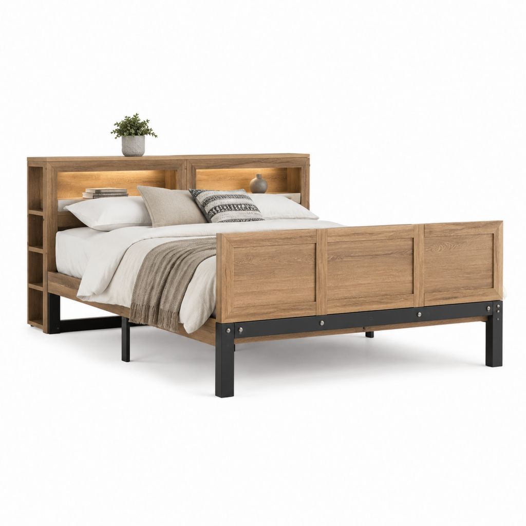 Doppelbettgestell mit Regal Kopfteil Eichenoptik Schwarz MDF Stahl 160 x 200 cm