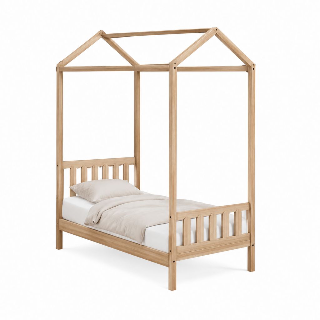 Kinder Hausbett Natur aus massivem Kiefernholz mit Dachrahmen 90 x 200 cm