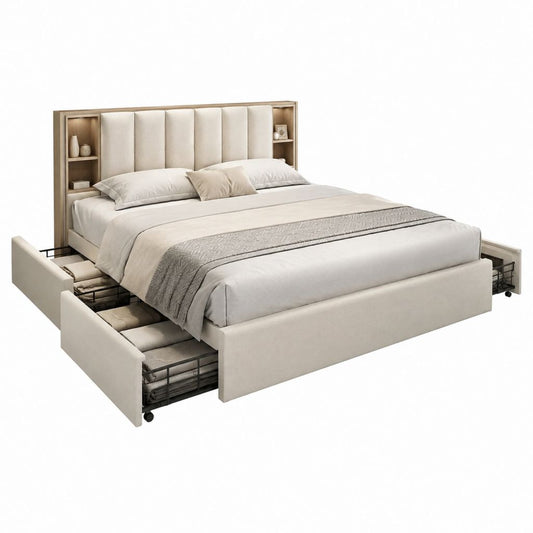 Polsterbett mit Stauraum Creme Polyester MDF in Eichenoptik 180 x 200 cm