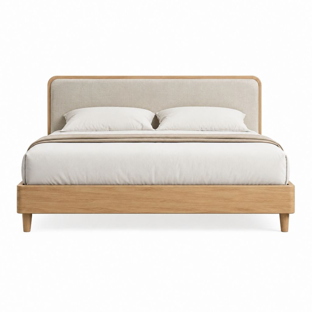 Doppelbett Polsterbett Beige Eichenholz und Polyester Rechteckig Liegefläche 160 x 200 cm