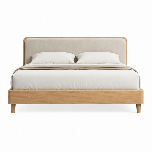 Doppelbett Polsterbett Beige Eichenholz und Polyester Rechteckig Liegefläche 160 x 200 cm