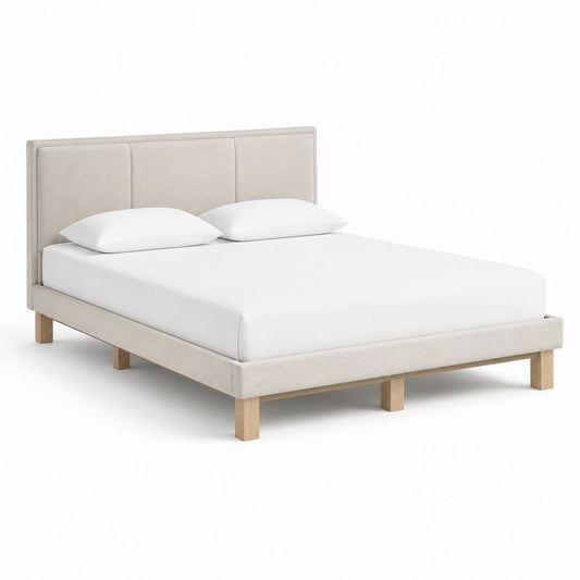 Polsterbett Doppelbett Beige mit Polyesterbezug und Holzfüßen 160 x 200 cm