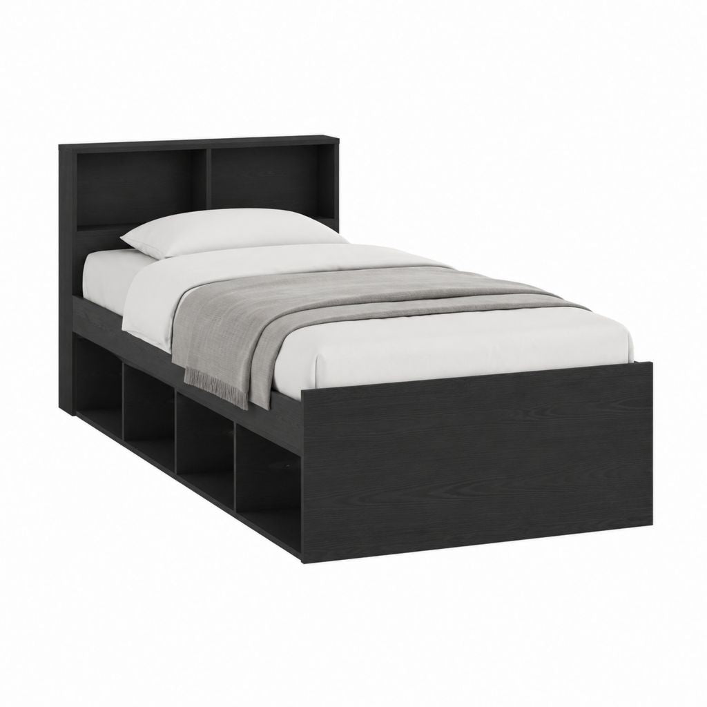 Einzelbettgestell Schwarz Spanplatte 90 x 200 cm mit Kopfteilregal und Stauraumfächern