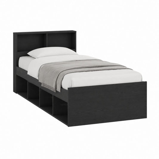 Einzelbettgestell Schwarz Spanplatte 90 x 200 cm mit Kopfteilregal und Stauraumfächern