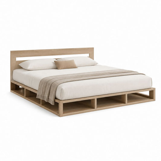 Doppelbett Bettgestell in Natur Eichenfurnier mit offenem Stauraum 180 x 200 cm