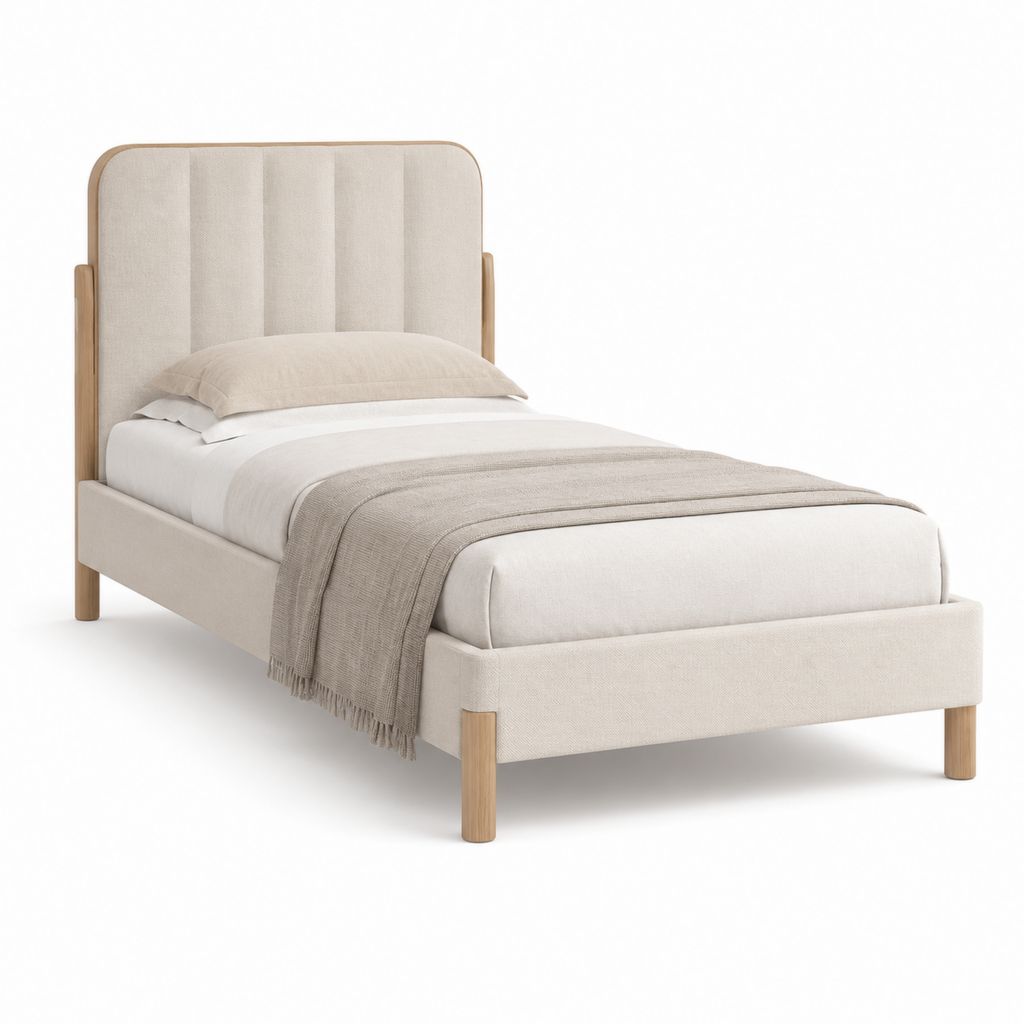 Einzelbett Bettgestell Beige mit Polyesterbezug und Gummibaum-Massivholz Rundes Kopfteil 90 x 200 cm